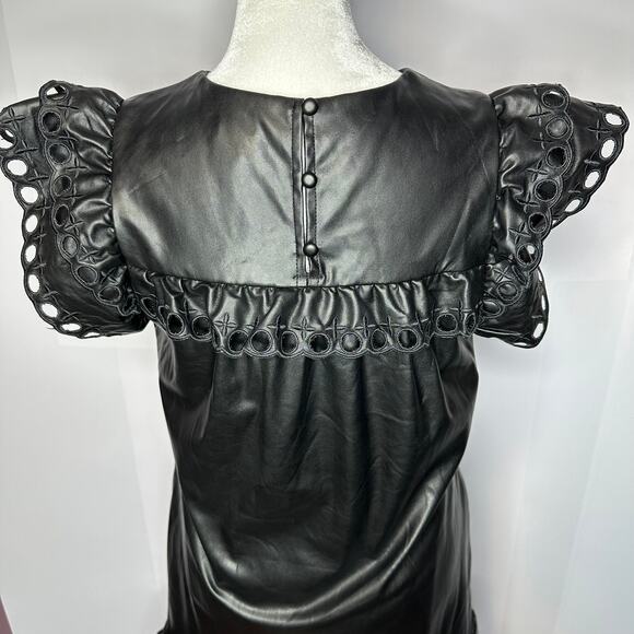 Stellah NWT $168 Small Black Faux Leather Goth Punk Alt Eyelet Babydoll Dress - Picture 10 of 14
